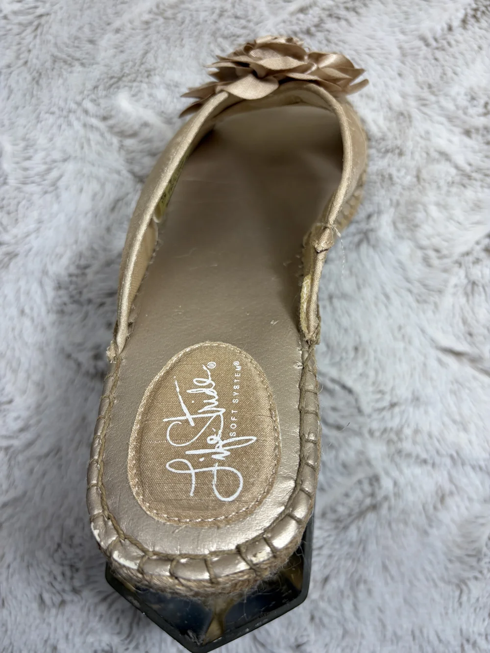 Life Stride Comfy Beige Espadrille Wedge Slides with Decorative Flower Size 11M